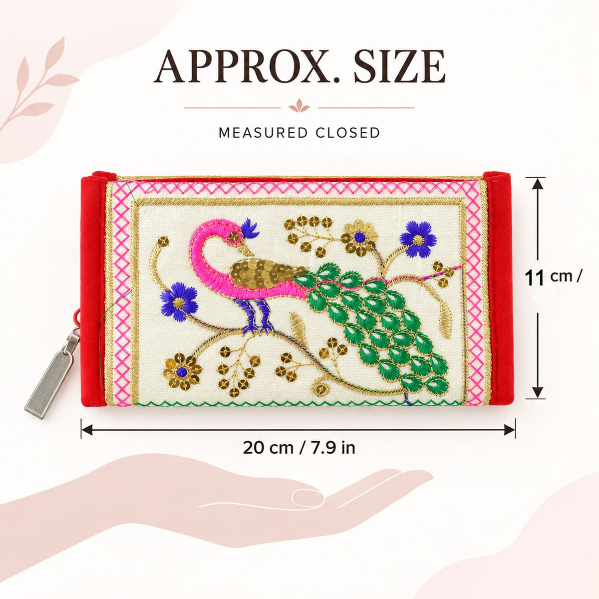 Traditional peacock embroidered clutch wallet by Wukusy with zip closure, featuring intricate peacock designs and compact size.