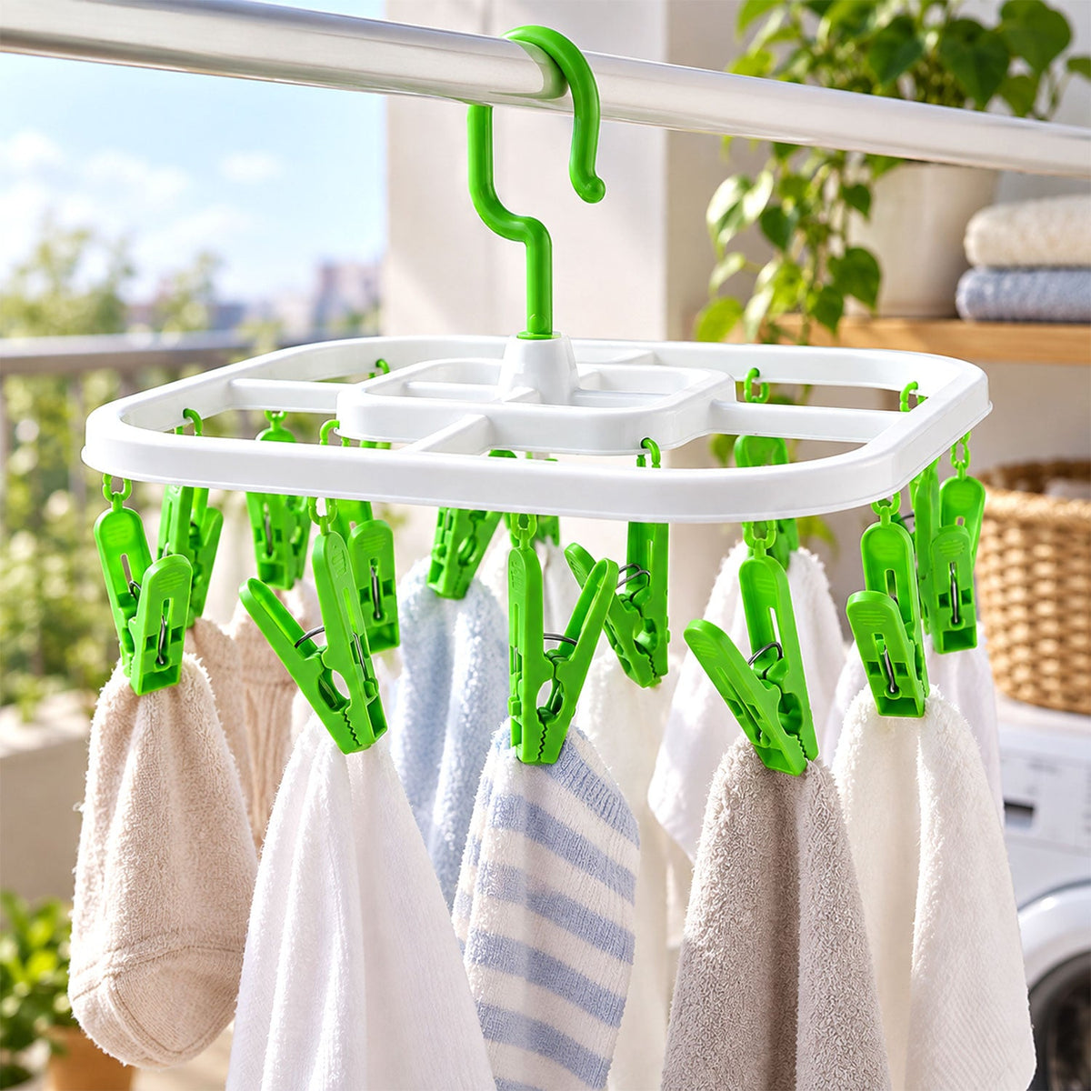 Wukusy plastic clip hanger drying rack with detachable hook for drying socks and small clothes, shown with clips attached.