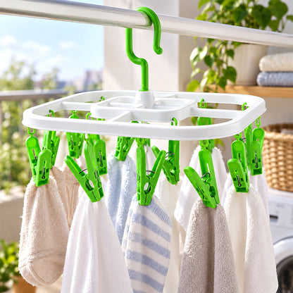 Wukusy plastic clip hanger drying rack with detachable hook for drying socks and small clothes, shown with clips attached.
