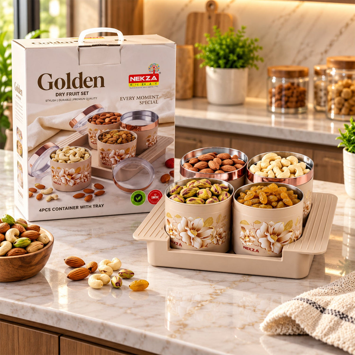 Wukusy golden dry fruit containers set with stainless steel inner bowls and serving tray, four-piece dry fruit storage set.