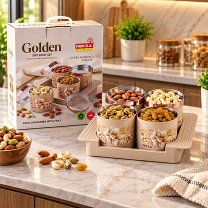 Wukusy golden dry fruit containers set with stainless steel inner bowls and serving tray, four-piece dry fruit storage set.