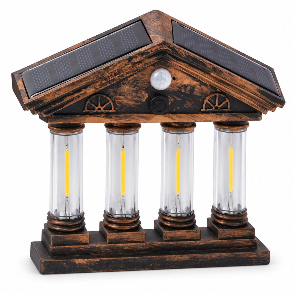 Wukusy 4 Cob Motion Sensor Solar Wall Light illuminating garden and porch with warm glow, mounted on outdoor wall.