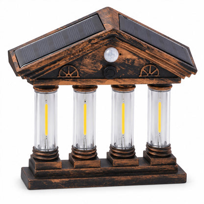 Wukusy 4 Cob Motion Sensor Solar Wall Light illuminating garden and porch with warm glow, mounted on outdoor wall.