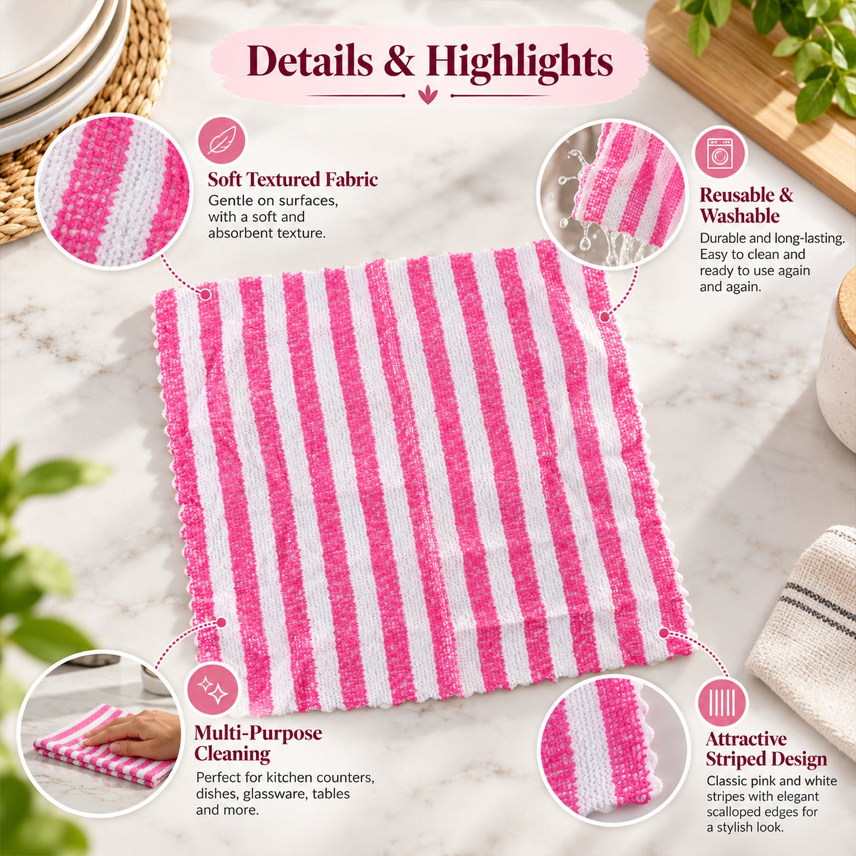 Set of five Wukusy striped microfiber kitchen cleaning cloths, 28x28 cm, ideal for home cleaning and drying tasks.