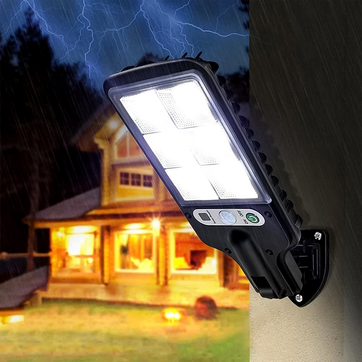 Wukusy high-power solar LED street light with motion sensor and remote control, mounted on a street pole at night