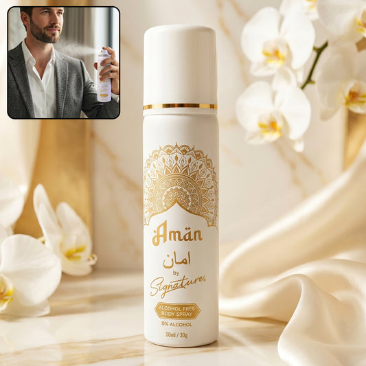 Wukusy Signature Aman free body spray 50ml bottle with sleek design and clear label, displayed on a plain background.