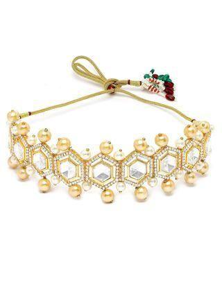 Karatcart Golden Pearl Studded Polki Kundan Choker Necklace Set for Women
