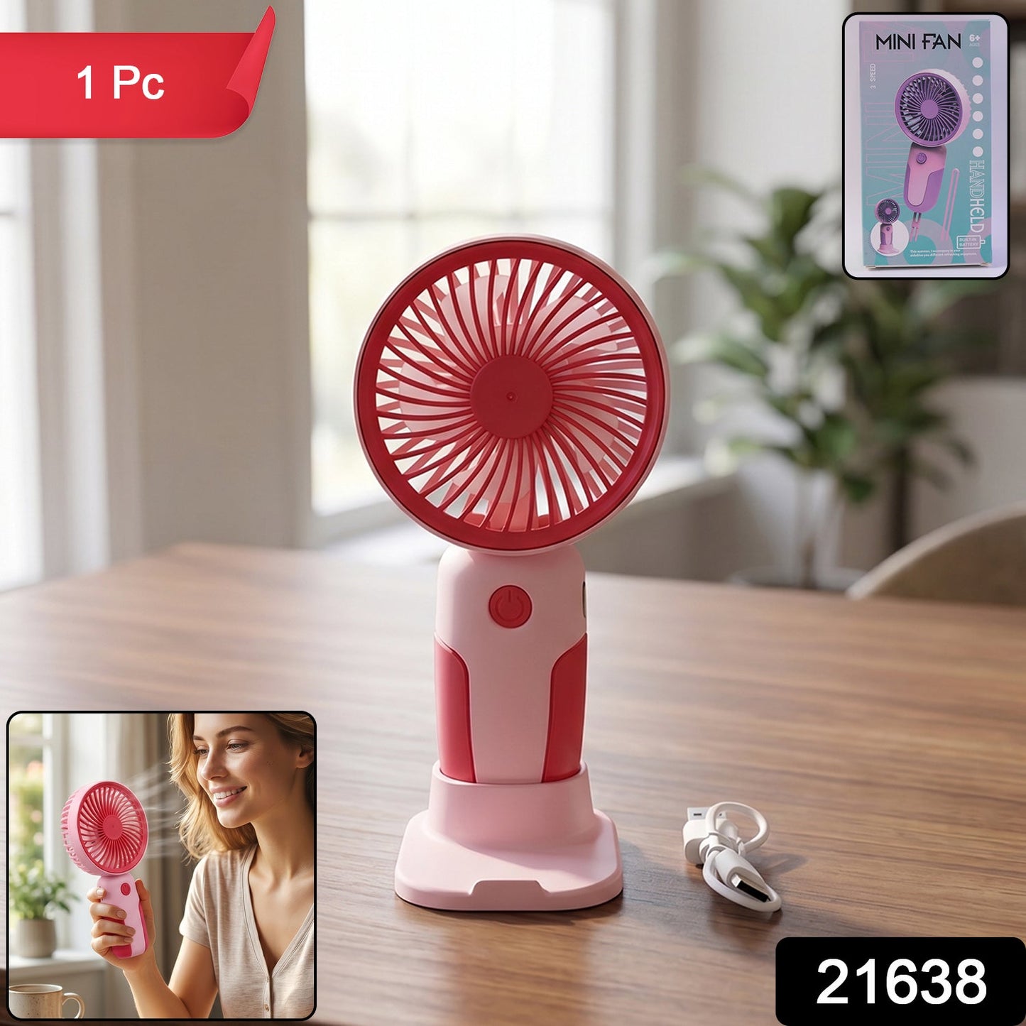 Wukusy mini handheld rechargeable personal fan with stand, portable USB desk fan, compact design, black color, powered by USB.