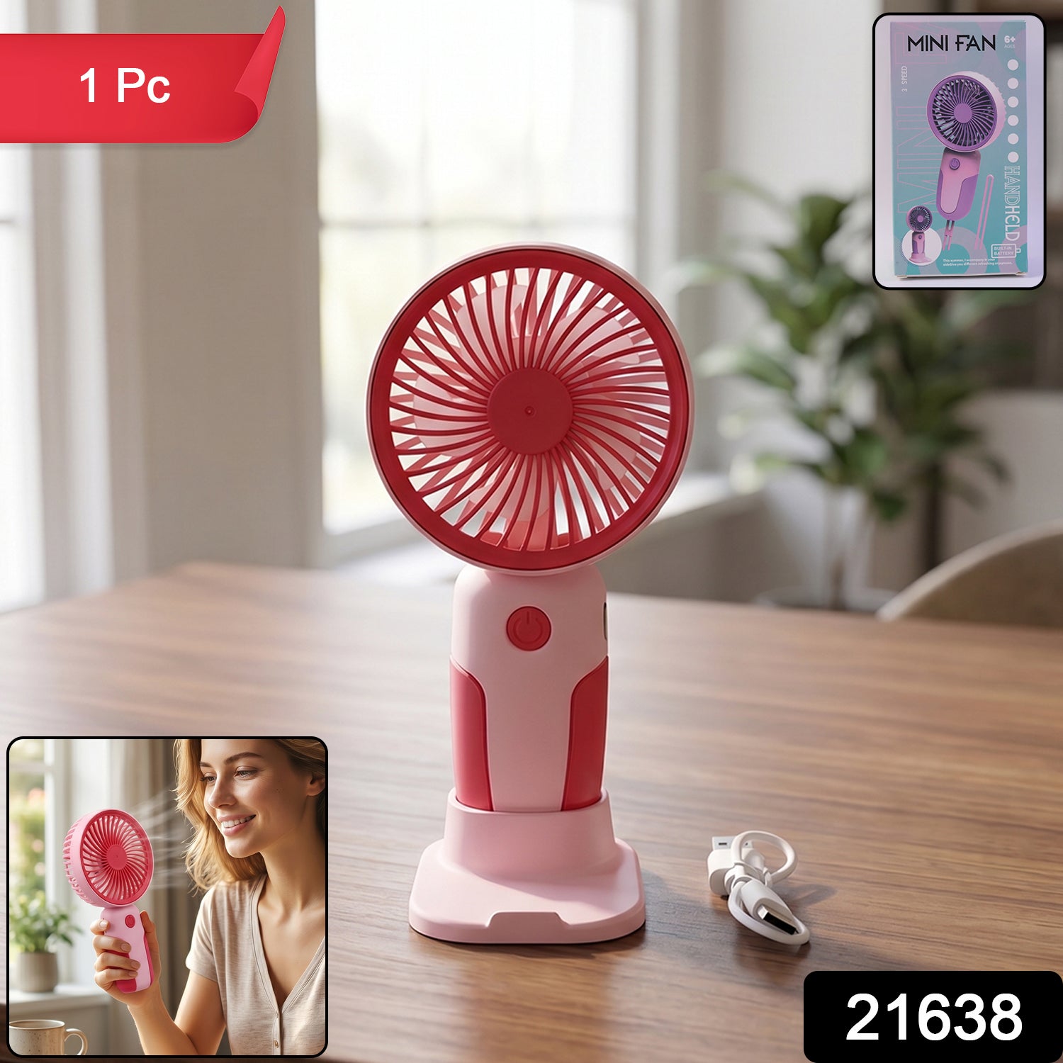 Wukusy mini handheld rechargeable personal fan with stand, portable USB desk fan, compact design, black color, powered by USB.