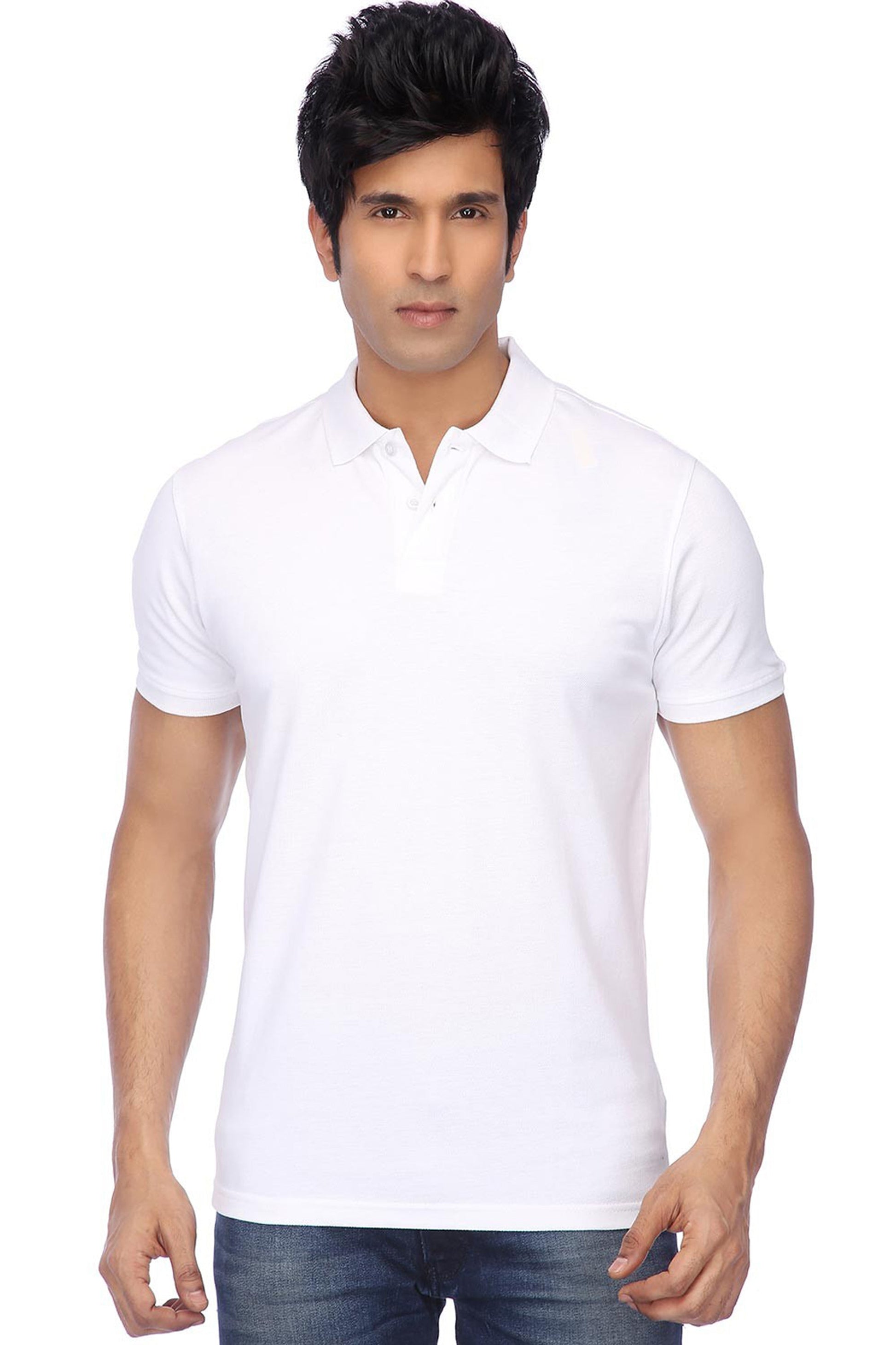 White cotton blend men's polo collar t-shirt from Drpshippr Men's Collection, featuring a classic polo style and comfortable fit.
