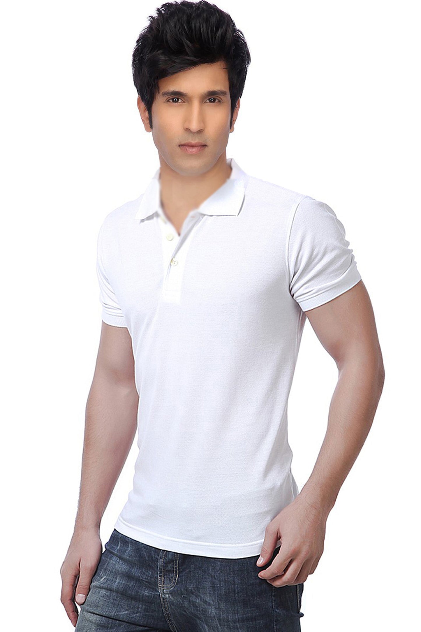 White cotton blend men's polo collar t-shirt from Drpshippr, featuring a classic polo style and comfortable fit.