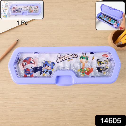 Wukusy cartoon character printed plastic pencil box with built-in maze puzzle game, designed for school and office use.