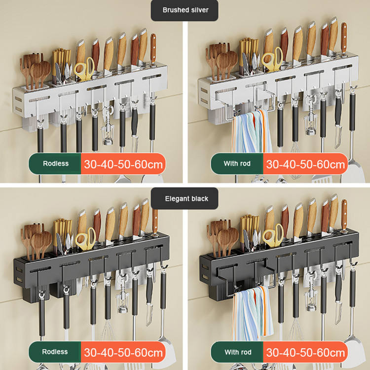 Stainless steel kitchen shelf with wall-mounted knife holder, ideal for home decor and organization in modern kitchens.