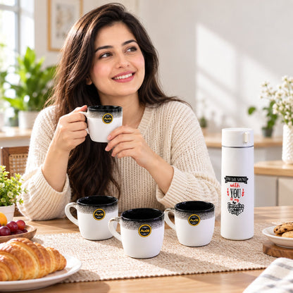 Wukusy bottle and mug gift set with one flask bottle and four tea coffee mugs, perfect for gifting or everyday use.