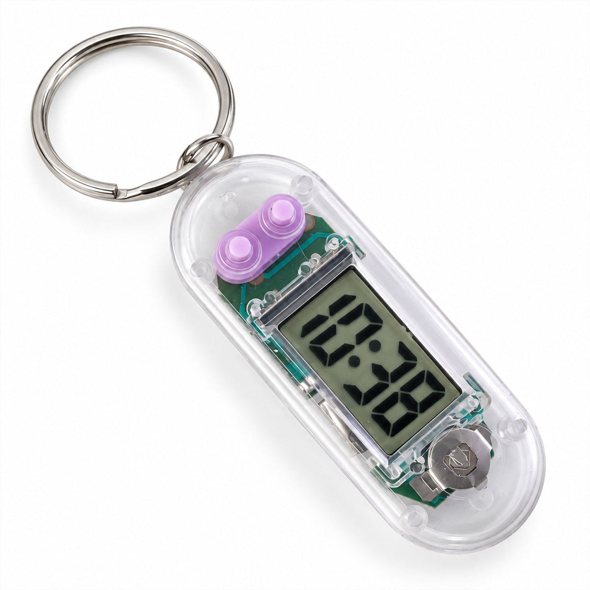 Wukusy transparent digital clock keychain with LCD display showing time, compact and portable for everyday use.