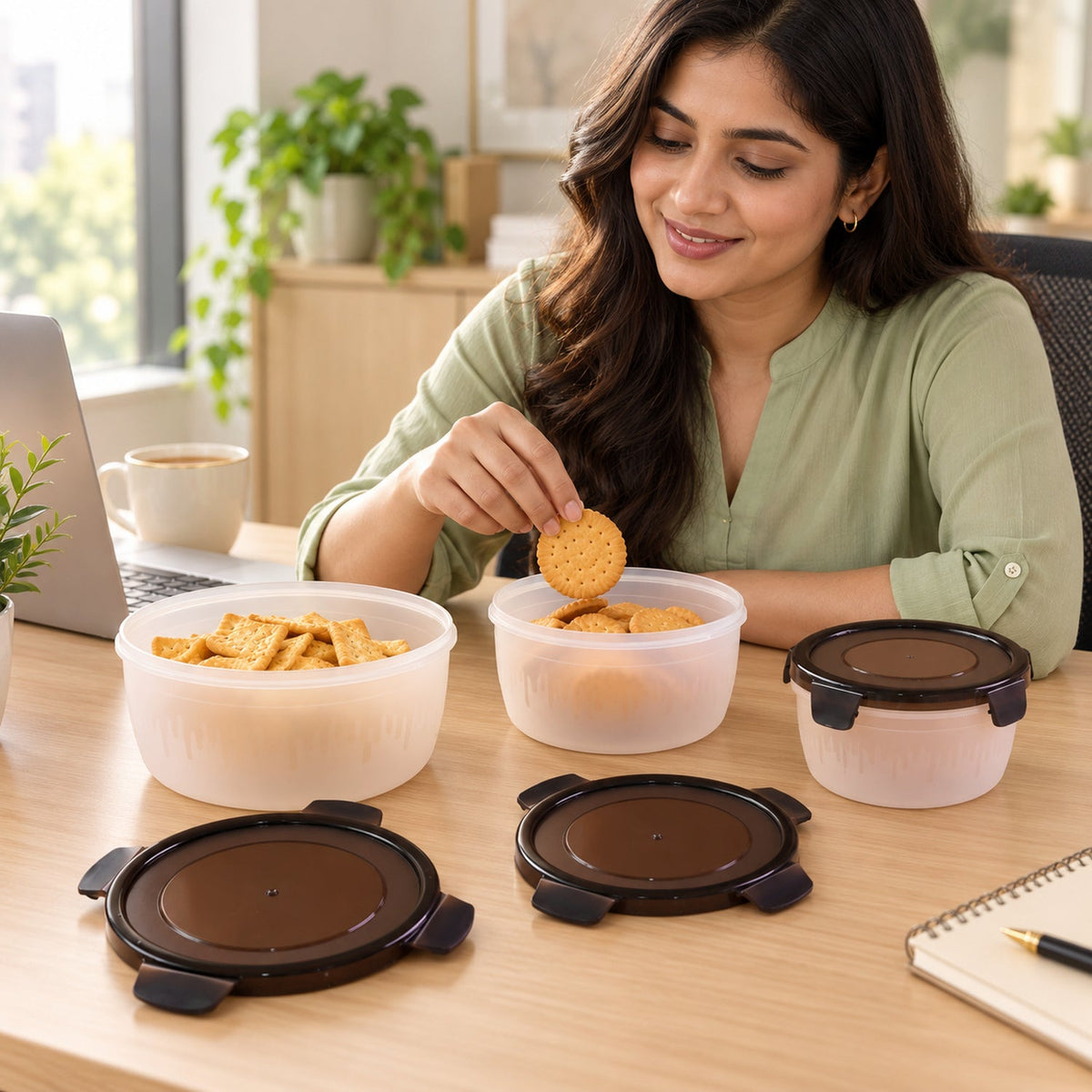 Wukusy Magick round food storage containers with clip-on lids, three sizes, 3-piece set