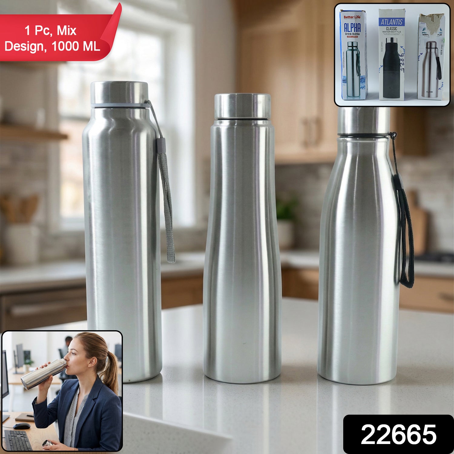 Premium Stainless Steel Water Bottle 1000 Ml (1 Pc 1000ml Approx Mix Design)