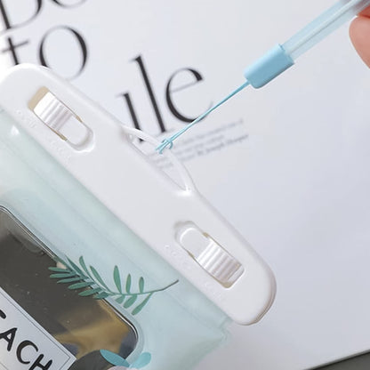 Clear waterproof mobile pouch with peach tint and neck strap by Wukusy, designed for secure phone protection during water activities.