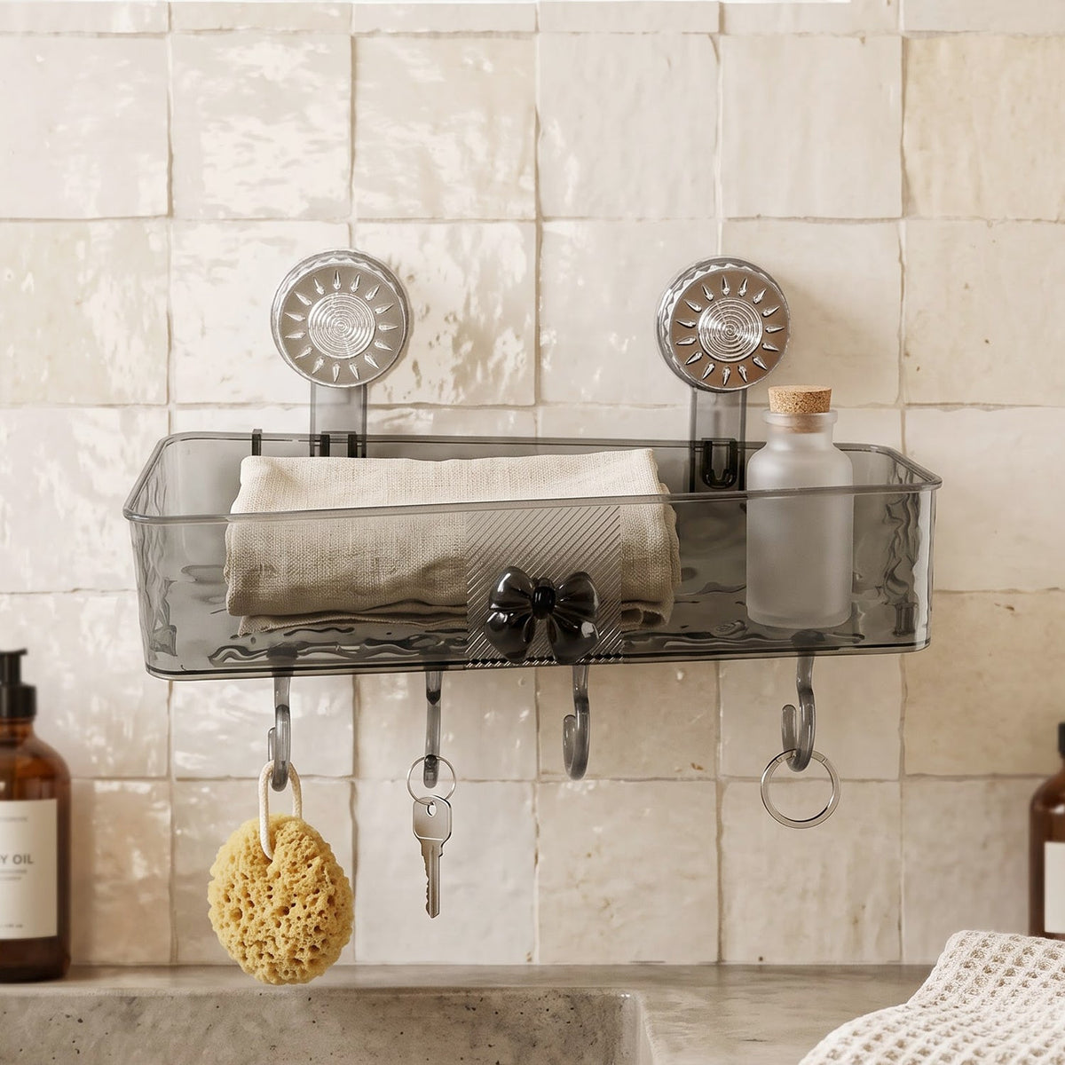 Wall Mounted Bathroom Storage Shelf With Suction Cups And Hanging Hooks (1 Set)