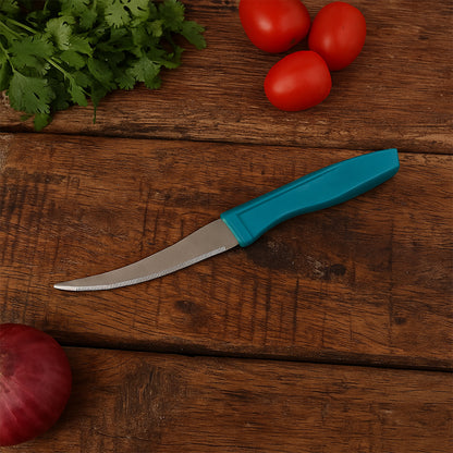 Wukusy Supermom premium stainless steel tomato knife with serrated edge for easy slicing, shown on a kitchen countertop.