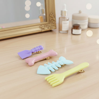 Set of four cute food-shaped hair clips by Wukusy, featuring playful designs resembling snacks and treats, perfect for kids' hairstyles.