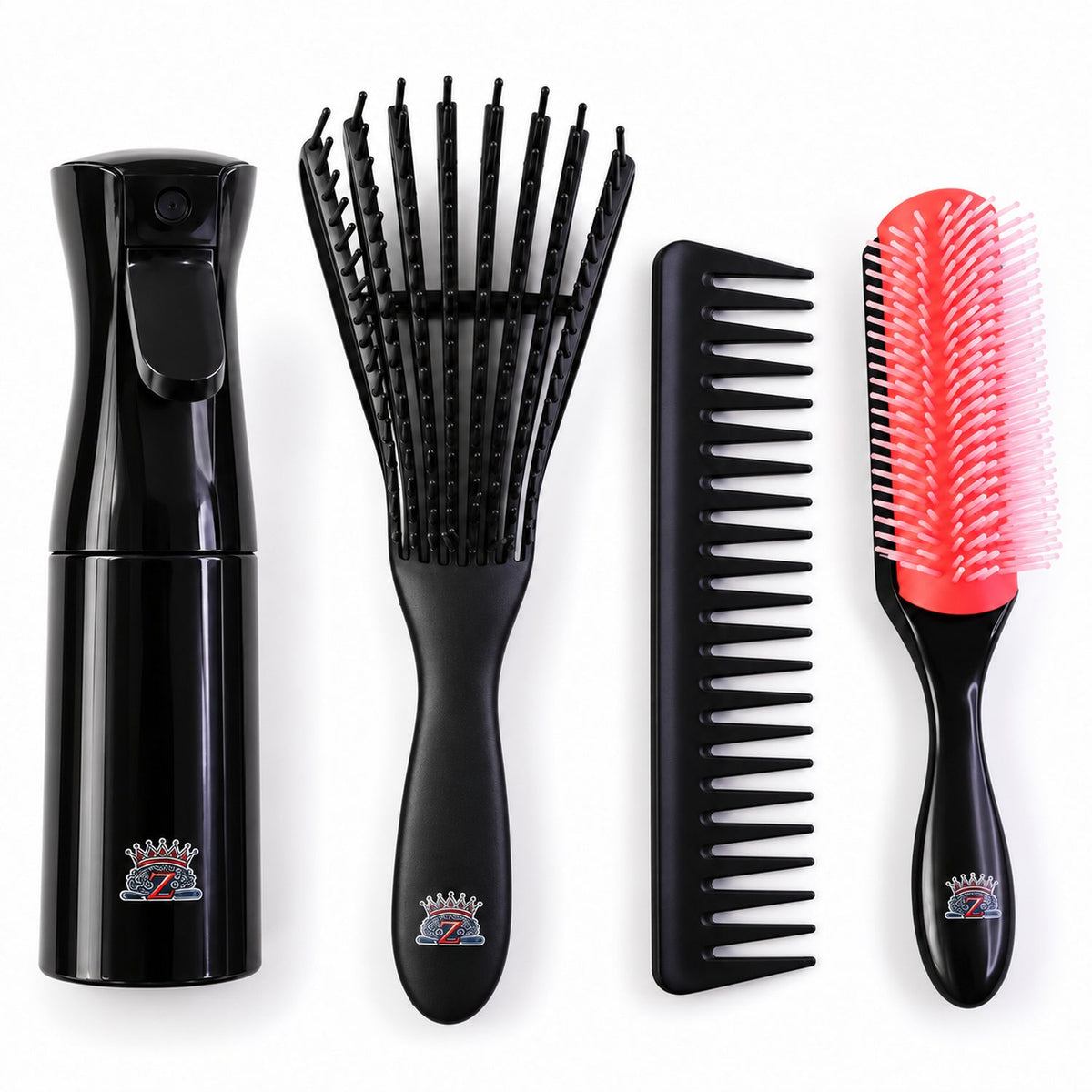 Wukusy 4-in-1 hair grooming set with spray bottle, brushes, and wide-tooth comb for styling and detangling hair.