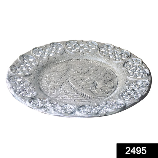 Silver-plated Swastik pooja thali set by Wukusy, glossy home decor puja thali for religious ceremonies and spiritual offerings.