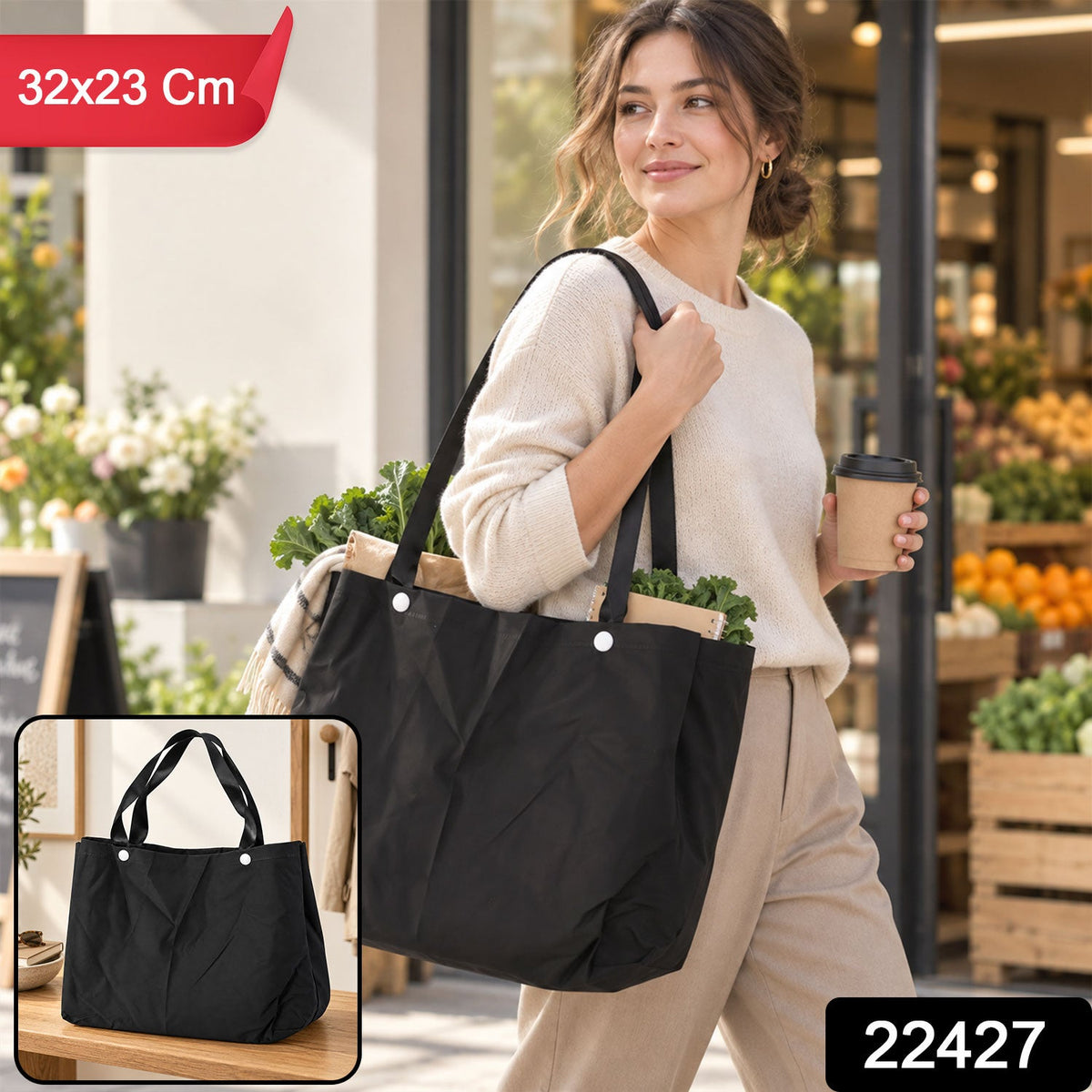 Wukusy shopping tote bag with wide carry straps, 32x23 cm, made of durable material for daily essentials, shown with open top.