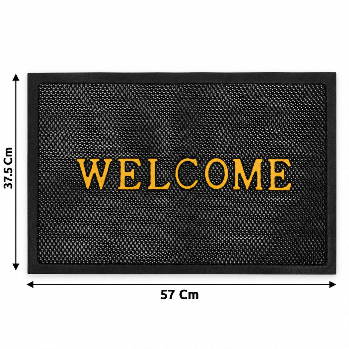Wukusy welcome door mat with textured mesh surface for home entrance, measuring 57x37.5 cm, in front of a doorway.