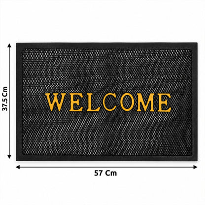 Wukusy welcome door mat with textured mesh surface for home entrance, measuring 57x37.5 cm, in front of a doorway.