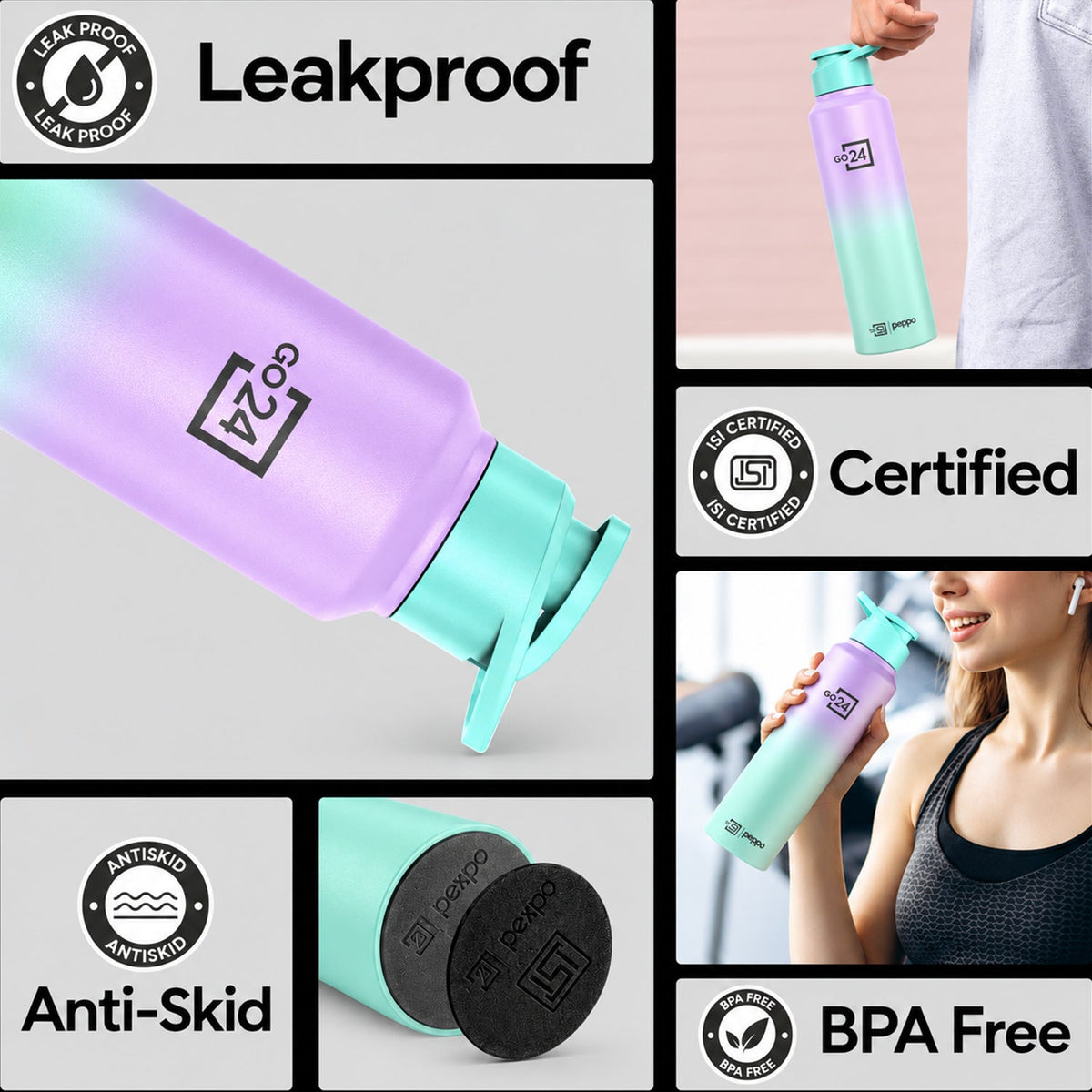 Wukusy stainless steel water bottle with carry loop, 1000ml capacity, ideal for office and travel, shown with a sleek silver finish