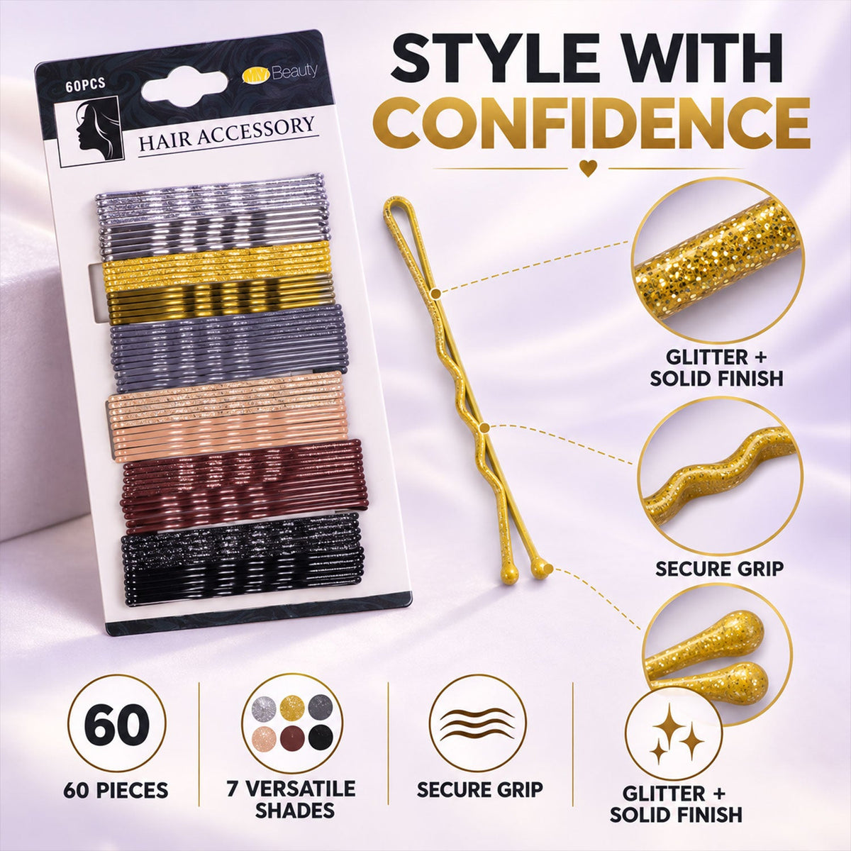 Set of 60 Wukusy metal hair pins with waved grip and rounded tips, 5cm long, for secure and stylish hair styling.