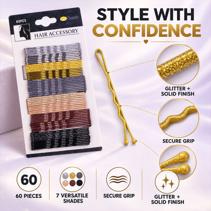 Set of 60 Wukusy metal hair pins with waved grip and rounded tips, 5cm long, for secure and stylish hair styling.