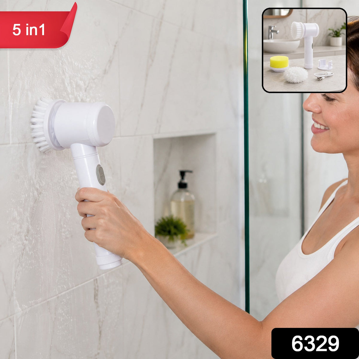 Wukusy 5-in-1 electric rechargeable spin cleaning brush set with multiple brush heads for bathroom cleaning tasks.