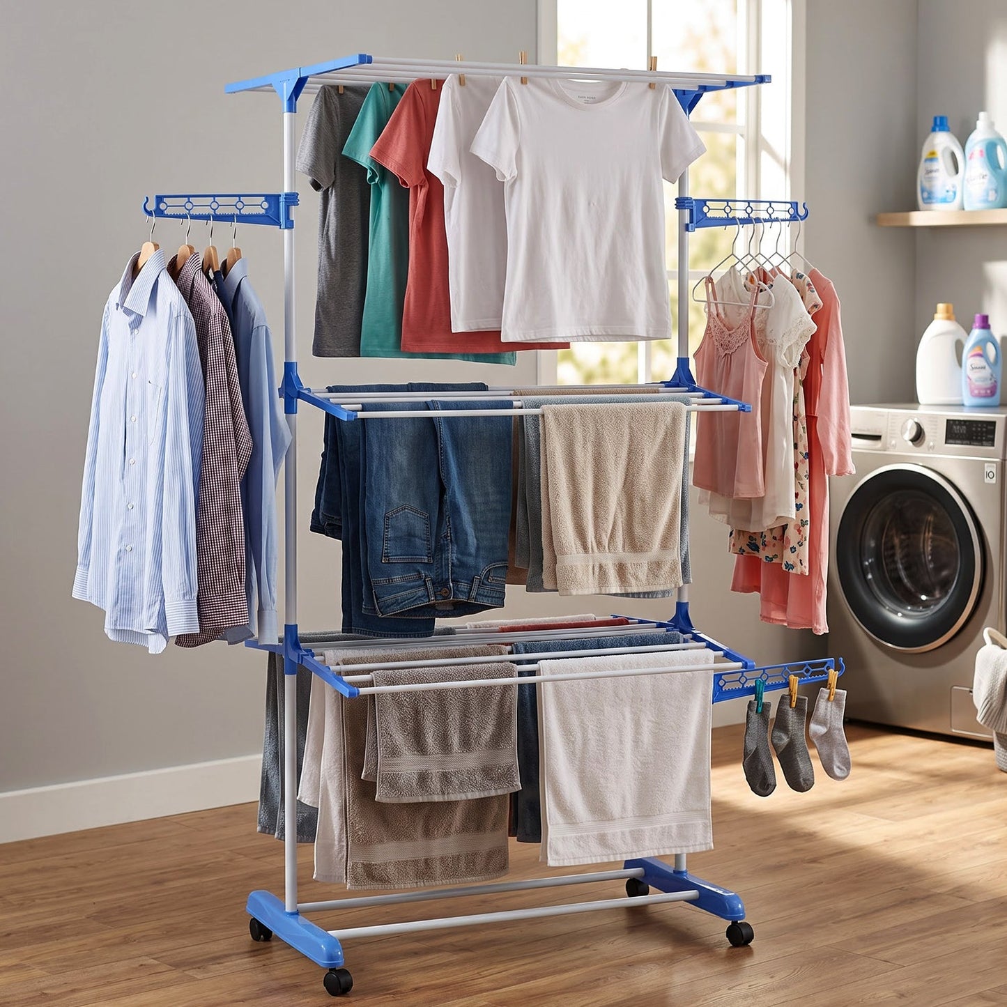 3 Layer Foldable Clothes Drying Stand With Wheels For Home And Balcony Use (1 Pc)