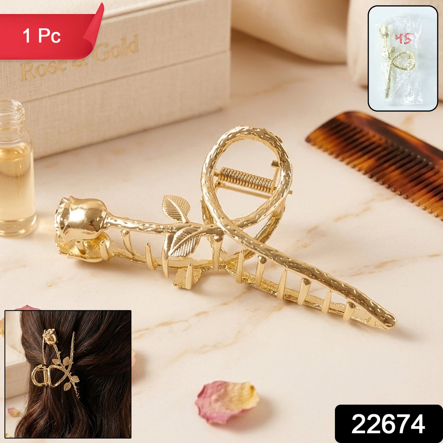 Elegant Gold Rose Design Hair Claw Clip (1 Pc)