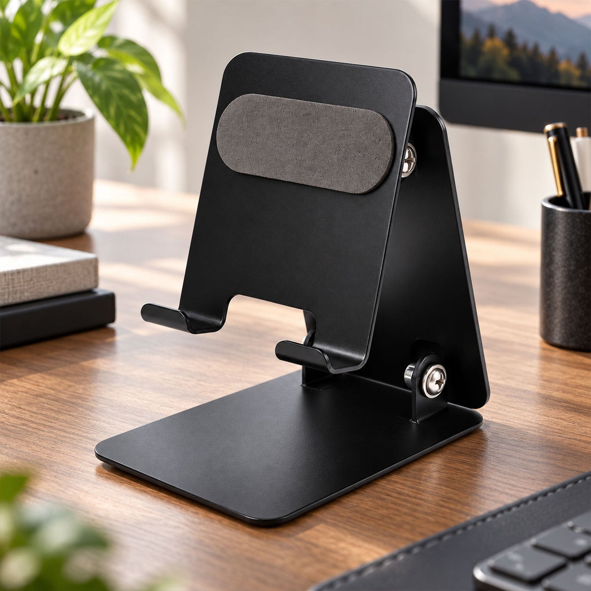 Wukusy foldable metal mobile phone stand with adjustable angle for desk use, shown holding a smartphone in a modern workspace.