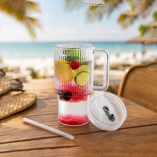 Wukusy kids 900ml tumbler with handle, lid, and straw, ribbed water sipper cup for children, in vibrant colors