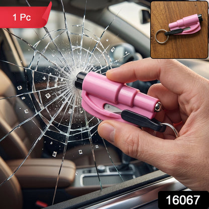 Wukusy keychain car window glass breaker and seat belt cutter tool attached to a keyring for emergency use.