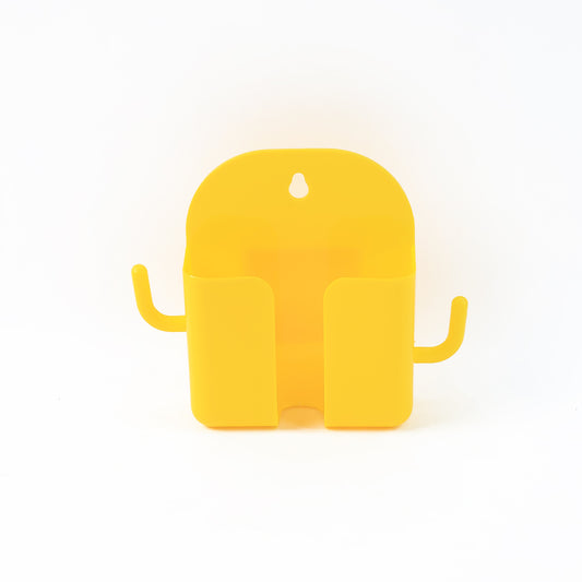 Wukusy orange wall-mount mobile stand with hook for organizing mobile accessories and small items, mounted on a wall.