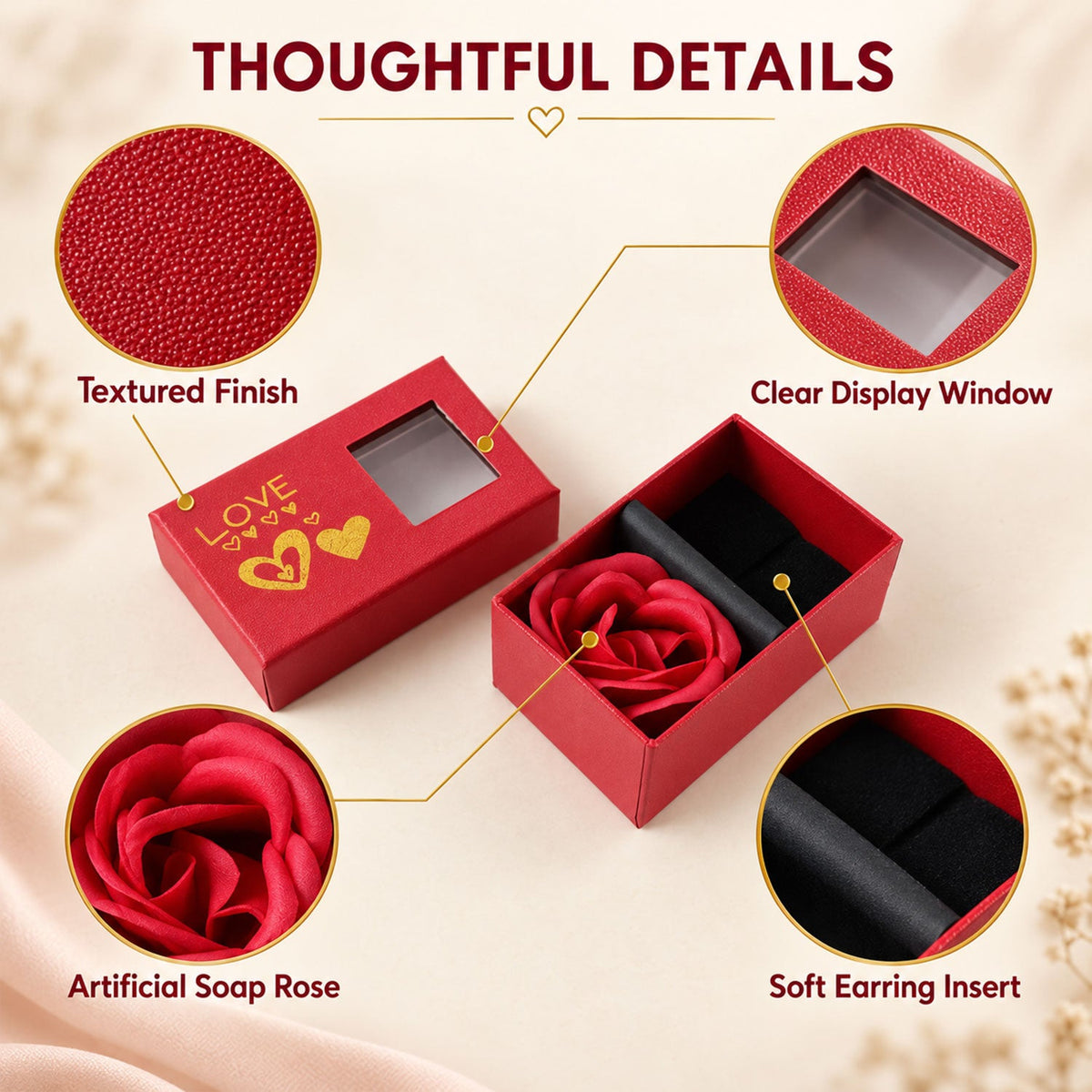 Wukusy rose flower ring displayed in a jewelry gift box with a clear display window, showcasing elegant jewelry presentation.