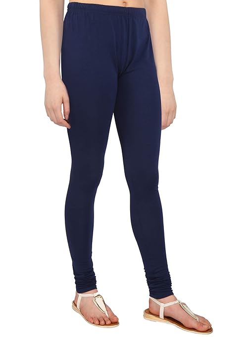 Navy plus size ultra-soft cotton lycra churidar leggings with fitted design, comfortable and stretchy, displayed on a model.