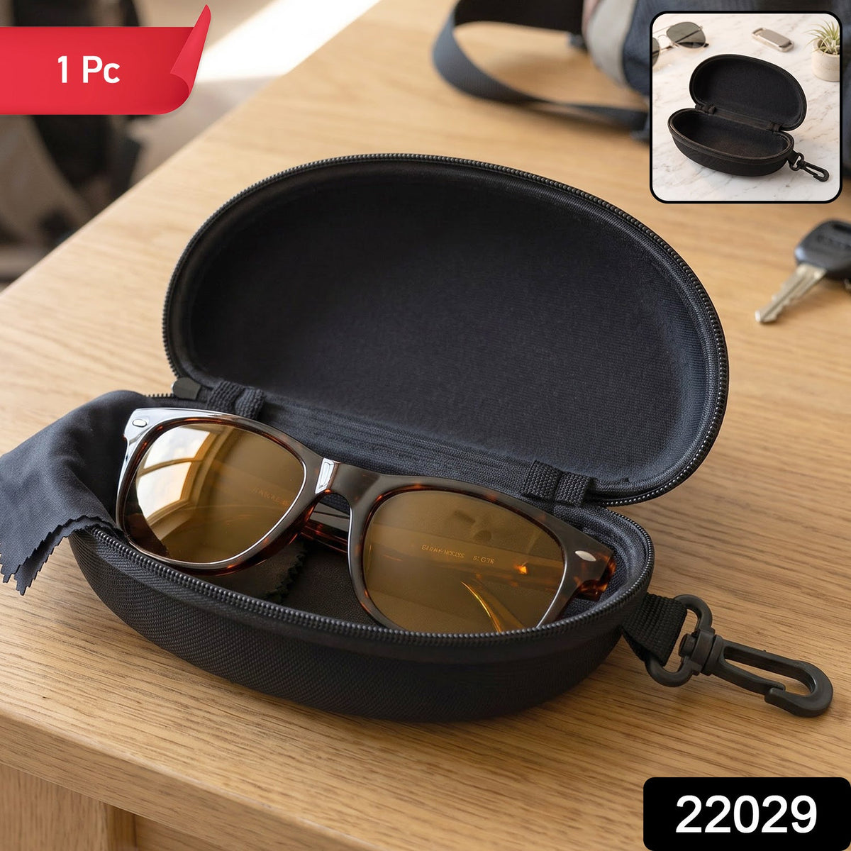 Zipper Hard Shell Sunglasses Case With Clip For Secure Travel Protection (1 Pc)