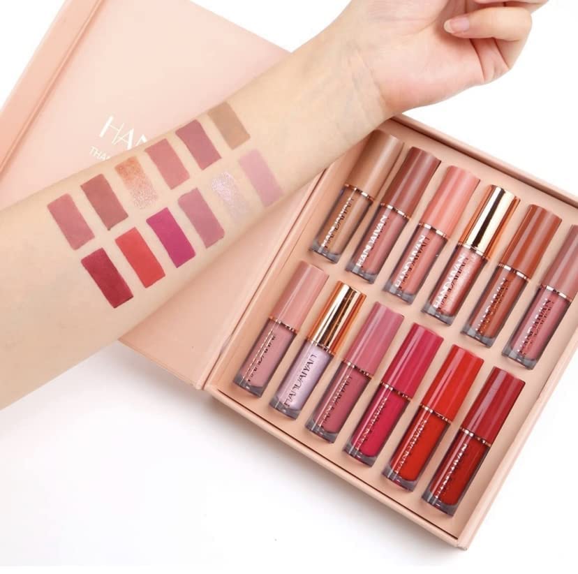 Set of 12 Drpshippr liquid matte lipsticks in various shades, displayed in their packaging for beauty and personal care.