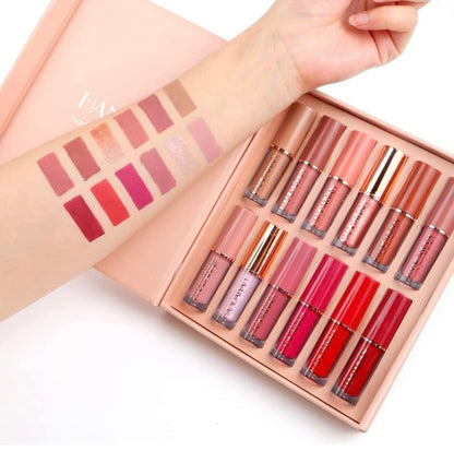 Set of 12 Drpshippr liquid matte lipsticks in various shades, displayed in their packaging for beauty and personal care.