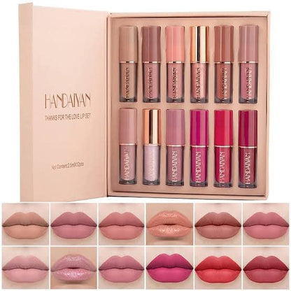 Set of 12 liquid matte lipsticks from Drpshippr, featuring a variety of shades in sleek packaging.