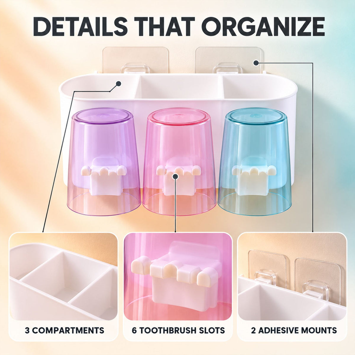 Wall mounted Wukusy toothbrush holder with three cups and bathroom storage, shown with toothbrushes and bathroom accessories.