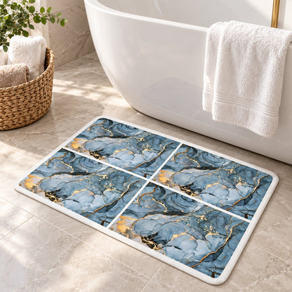 Blue marble print Wukusy absorbent bathroom mat, quick-drying, 59.5x39.5 cm, showcasing soft, plush fabric and stylish design.