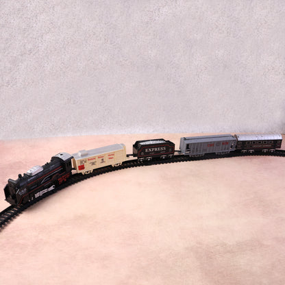 Battery-operated toy train set by Wukusy with colorful tracks and train cars, designed for kids' imaginative play.