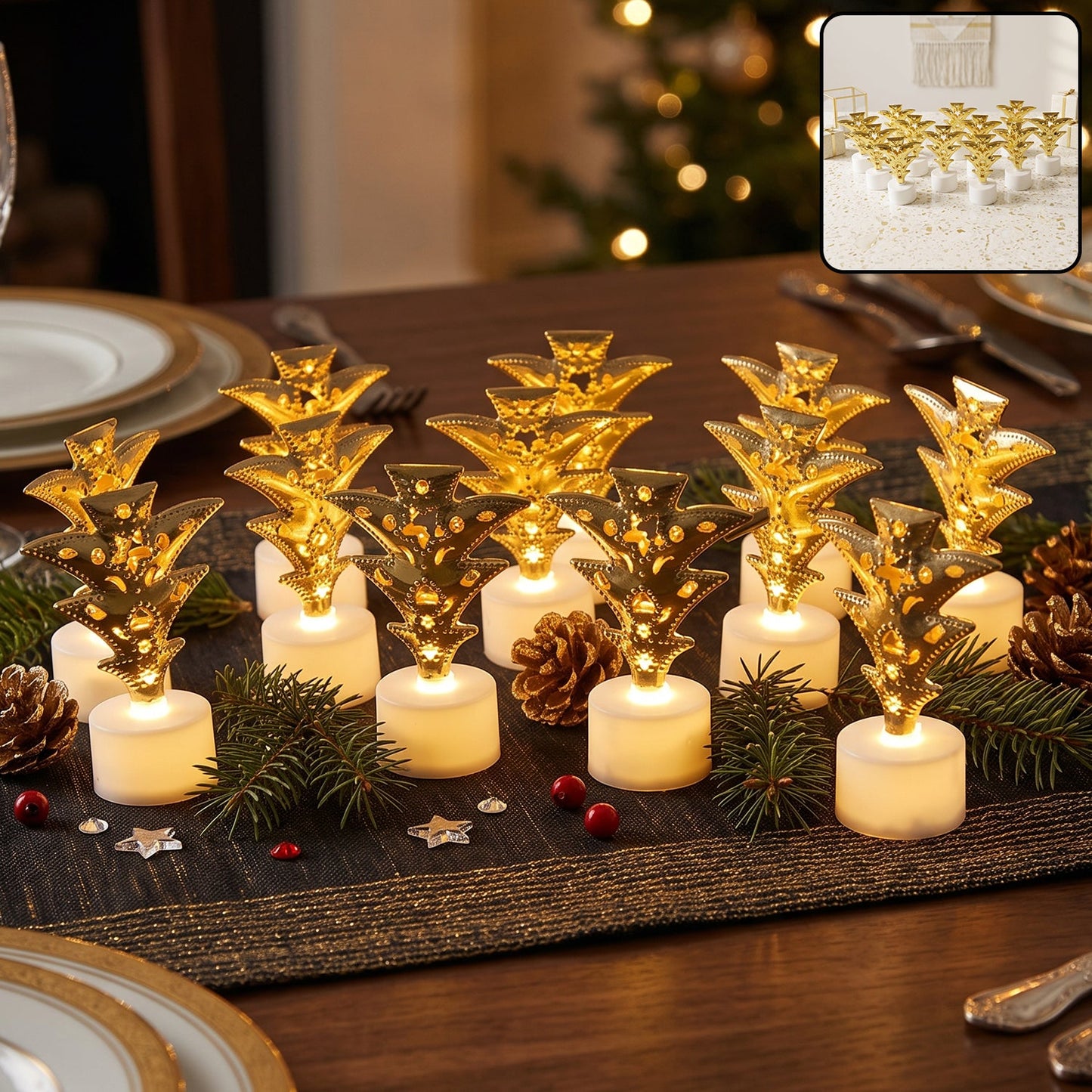 Set of 12 Wukusy golden Christmas tree LED tealight candles for festive home decor and holiday celebration.